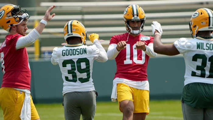 Jordan Love has some fun at Green Bay Packers OTAs on Tuesday. (Photo by USA Today Sports Images)